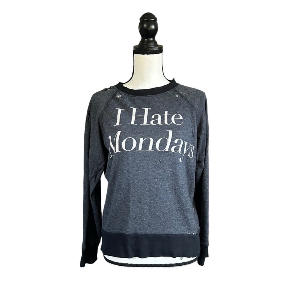Wildfox I Hate Mondays Gray Distressed Sweatshirt Crew Neck Grunge Shredded XS